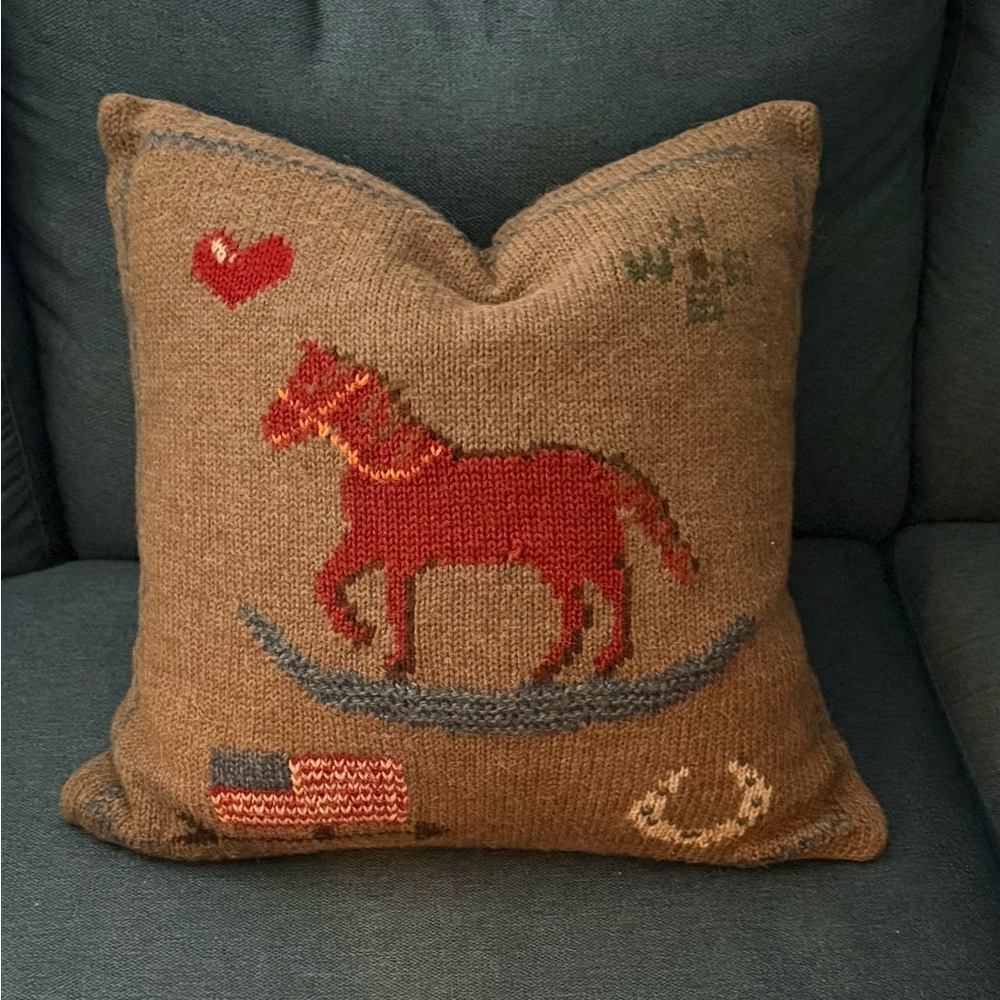 Vintage Ralph Lauren Knit Cotton Horse Flag Pillow Cover and Down insert 18 x 18